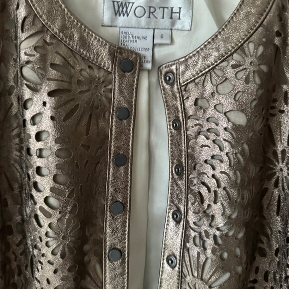 Worth Leather Jacket Sz 6 Floral Laser Cut Outs Bronze Champange Snap Front - Picture 15 of 16